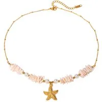 KARMA Kette mit Anhänger Halskette Muscheln Seestern Rosa Türkis Damen vergoldet Kette (Geschenk für Sie Urlaubsschmuck, Edelstahl Edelstahlkette Damenschmuck), Damenkette Muschelhalskette Damenschmuck maritim
