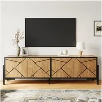 KLAM HOME Lowboard 153cm TV-Schrank Naturholz + Schwarz Geometrisches Design für 65 Zoll (Lowboard mit 4 Türen & großem Stauraum für kleine Wohnzimmer), Modernes TV-Board mit Kontrast-Linien & stabilen Metallfüßen