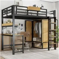 Odikalo Hochbett 90x200 Metallbett mit Schreibtisch,Kleiderschrank (Eisenbett, Jugendbett, Kinderbett, Mit Doppeltür-Kleiderschrank, Treppe mit Handläufen, Mit Schreibtisch und Aufbewahrungsregal, Oberes Bett mit Ablagefächern, Eisen + MDF, Schwarz+N