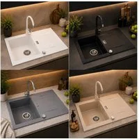 Homeline Granitspüle Granitspüle Schwarz Grau Weiß Beige Küchenspüle Einbauspüle, Eckig, 76/44 cm, (2 St)