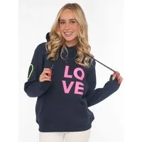 Zwillingsherz Kapuzensweatshirt mit gesticktem Neon Herz am Ärmel und "Love" Schriftzug auf Kordel