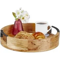 relaxdays Dekotablett Rundes Tablett aus Mangoholz