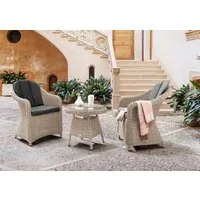 Destiny Balkonset MALAGA 2 Se + Kaffeetisch Ø 60x55cm, vintage weiß, (Set, 7-tlg., 2 Sessel inkl. Polster, 1 Tisch mit aufgelegter Glasplatte), Aluminium, Polyrattan