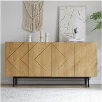 Celya Sideboard Sideboard mit 4 Türen und Metall-Inlay, Naturholz (Anrichte, Beistellschrank, Standschrank, Maße: H 78 cm / B 160 cm / T 40 cm), Sideboard Wohnzimmer, Buffet Schrank, Vielseitige Kommode