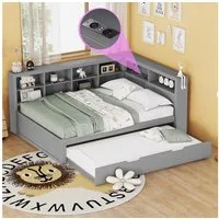 Merax Daybett 140x200 mit USB und Ausziehbett 90x190cm (1 tlg), Massivholz Schlafsofa Kinderbett Tagesbett mit Ablagefächern