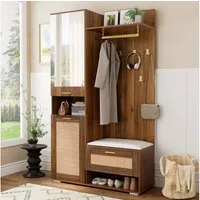 Merax Garderoben-Set mit Spiegel & goldenen Akzenten, Flurschrank mit LED-Beleuchtung, (Garderobenschrank platzsparender Eingangsbereich-Schrank, 1-St., Flurschrank 110×38×190cm), Flurmöbel mit Schuhschrank, Sitzbank, Wandgarderobe & Stauraum