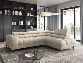 Ecksofa mit Schlaffunktion Sofa AMARA Stoff Whisper Creme Ottomane Rechts