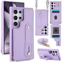 Wigento Handyhülle Fliphülle für Samsung Galaxy S26 Ultra Kartenfach Umhängeband Lila 6,9 Zoll, Kartenfächer, Handband, Umhängeband