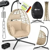 tillvex Hängesessel tillvex® Swivo Hängesessel mit Gestell inkl. wetterfester Abdeckung (Hängekorb klappbar bis 150 kg, Hängesitz aus Rattan, Hängestuhl für Indoor Garten Balkon Terrasse), mit Gestell Outdoor & wetterfester Abdeckung mit Befestigung