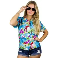 King Kameha Hawaiihemd Flamingos Funky Hawaiibluse Damen Kurzarm Front-Tasche Stylish