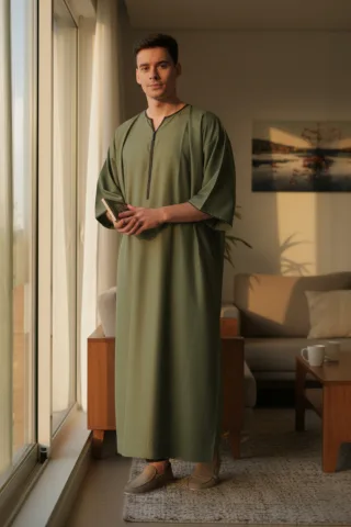 Grüne Ramadan-Marokkanische Gandoura-Thobe-Robe für Herren Djellaba Eid Jubba LFS-TT-006