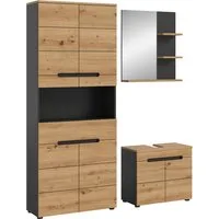 welltime Badmöbel-Set REHAT, 3-teilig, Breite 154 cm, mit grifflosen Fronten, bestehend aus:, (3-St), 1x Hochschrank, 1x Waschbeckenunterschrank & 1x Badspiegel