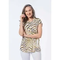 GOLDNER Kurzarmbluse Bluse mit Alloverdruck, Rundhals Gemusterte Optik, runder Ausschnitt, harmonische Knopfleiste