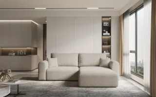 Ecksofa Sofa FLAVIO mit Schlaffunktion Stoff Abriamo Sand Ottomane Rechts