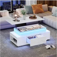 KLAM HOME Couchtisch Höhenverstellbarer Couchtisch Mit LED Beleuchtung Und Schublade (Multifunktionaler Kaffeetisch Mit Hydraulik Hub Und Stauraum), Modernes Wohnzimmer Beistelltisch Schwarz Hochglanz Für Büro Und Party