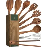 Waldwerk Kochbesteck-Set Küchenhelfer aus Teakholz - Kochbesteck Set - Küchenutensilien (8-tlg), Pfannenwender, Holzlöffel, Nudellöffel und mehr