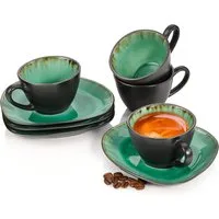 SÄNGER Espressotasse Palm Beach Set Grün Schwarz Espressobecher, 8-tlg., Steingut, Handmade, Premium Collection
