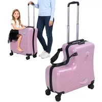 Rutaqian Kinderkoffer Hartschalen-Trolley, 50cm Große Handgepäckkoffer mit Kindersitz, 4 Rollen, Reisekoffer Koffer Kindertrolley mit Sicherheitsgurt und Zahlenschloss