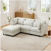 OKWISH Sofa Großzügige 220x81x83 cm, modernes und schlichtes Design, L-förmiges Ecksofa in beige Leinen mit Fußhocker 1 Teile, Für gemütliches Entspannen in Ihrem Wohnbereich