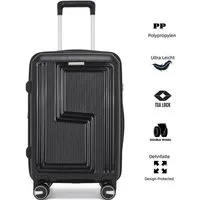 Super Solu Hartschalen-Trolley Koffer Reisekoffer PP-Polypropylen, Erweiterbarer Hartschalenkoffer, 4 Rollen, 20 Zoll Handgepäck, Schwarz, leicht & robust, TSA-Zahlenschloss
