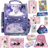 GOLDKIDS Schulranzen für Mädchen, 13er-Set - (Schul-Rucksack für Kinder mit Federmäppchen, 1-tlg., - Schuhbeutel Trinkflasche und Brotdose), - Katze Motiv- 1-3 Klasse