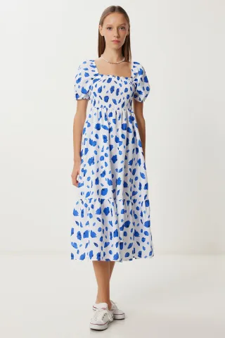 Rüschendruck A-Linien-Midi-Kleid mit quadratischem Kragen