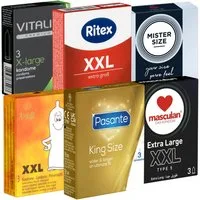 Kondomotheke XXL-Kondome Probierset: Long & Wide Mix (Testpack Größe XL - XXL) 6 Packungen große Kondome, insgesamt, 18 St., Kondome Probierset, für den großen Penis - Kondome für Männer, die mehr Platz brauchen