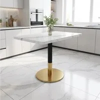 OKWISH Esstisch 80x60 cm Esstisch für 2 Personen in Weiß Marmoroptik mit Goldfuß (Packung, 1-St., aus MDF, Kleiner Küchentisch mit schwarzem Metallsäulenfuß), Besprechungstisch für Esszimmer, Küche, Büro & Meetingraum