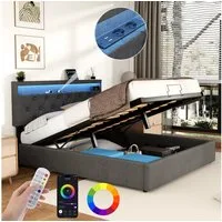 oyajia Polsterbett Doppelbett mit Steckdosen & LED Beleuchtung,Hydraulischem Stauraum (Funktionbett mit Hydraulikstange,Tragfähigkeit: 365kg, Strapazierfähig,Metallrahmen), Bettgestell mit Lattenrost,Leinenmaterial Polsterbett, ohne matratze