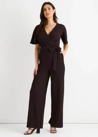 Schokoladenfarbener strukturierter Jersey-Wickel-Overall mit weitem Bein