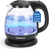 Aigostar Wasserkocher Wasserkocher Glas 1L, Mit LED-Beleuchtung, 2200W, 2200 W, Kompakter 1L Glas-Wasserkocher mit blauer LED-Innenbeleuchtung