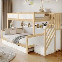 Flieks Etagenbett, Kinderbett 90x200cm+120x200cm mit Ausziehbett 90x190cm Stauraumtreppe