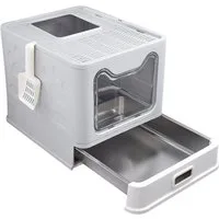 JEOBEST Katzentoilette Geschlossenes Katzenklo mit Dach, Rostfreier Edelstahl-Schublade, Anti-Streu-Design, Katzenklo-Schaufel, für Katzen bis 15kg