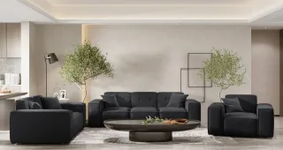Sofaset Designersofa CESINA 3-2-1 in Stoff Ascot Bukla Schwarz
