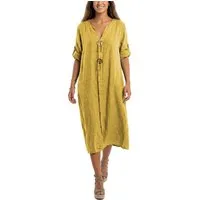 dy_mode Hemdblusenkleid Damen Leinenkleid Midi Hemdblusenkleid mit V-Ausschnitt Freizeitkleid in Unifarbe, V-Ausschnitt, mit seitlichen Eingriffstaschen
