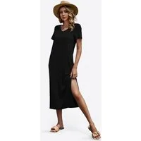 Imily Bela Maxikleid Damen Shirtkleid ärmellos V-Ausschnitt Loose Sommer (Packung, 1-tlg., 1per-Pack) mit Brusttasche und Seitenschlitzen