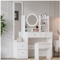 Celya Schminktisch mit Ganzkörperspiegel und drehbarem Tischspiegel (mit Schminktisch Hocker, 3 Farben LED-Beleuchtung, und 4 Schubladen), Geeignet für Schlafzimmer