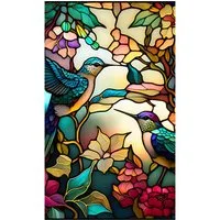 GarveeMore Fenstersticker PVC-Farbglas Glas Fensterfolie Aufkleber Nicht klebend Abnehmbar Bunt, 45/60*100cm Floral Retro Bunte Kolibri Blume Glasmalerei Fenster Film