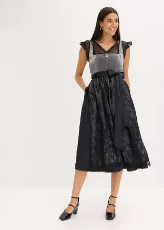 bonprix Dirndl mit glänzendem Mieder (2-tlg.Set), schwarz, Gr.44, Modernes Dirndl mit glänzendem Mider und changierender Schürze mit Spitze., aus Samt