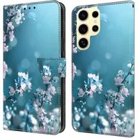 CLM-Tech Handytasche für Samsung Galaxy S25 Ultra Hülle aus PU-Leder Klapphülle (Pflaumenblüte blau, Handyhülle mit Standfunktion - Wallet Flip Case inklusive Kartenfächer), Cover Magnetverschluss - Samsung Galaxy S25 Ultra 6,8 Zoll Schutzhülle