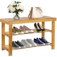 JEOBEST Schuhbank Schuhregal, Bambus Schuhbank mit 3 Ablagen, für 6-8 Paar Schuhe, Platzsparend 70 x 27 x 42cm