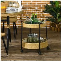 Outsunny Servierwagen Rattan Trolley mit 2 Regalen, (Barwagen, 1 St., Gartenrollwagen), für Balkon, Stahlrahmen, Natur, Φ50 x 66 cm