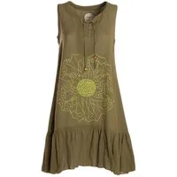 Vishes Tunikakleid Damen Hängerkleid Baumwolle Blumen Lagenlook mit Schnüren Holzperlen Alternative Bekleidung, Ethno, Hippie, Retro Style