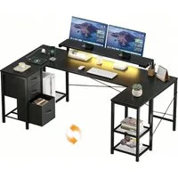 HOMALL Eckschreibtisch 170cm U-förmiger Schreibtisch mit LED-Monitorhalterung Gamingtisch (Die Monitorhalterung ist verstellbar und verfügt über zwei Steckdosen und zwei USB-Anschlüsse, drei Stoffschubladen und drei Gitterablagen. Sie kann links oder