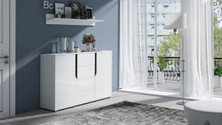 Sideboard Kommode DALLAS 135x90x40cm Weiß HGL / Schwarz HGL