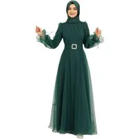 Modavitrini Abendkleid Damen Tüll Maxikleid Langarm – Festkleid mit Gürtel Modest Fashion Gürtel mit Schmucksteinen