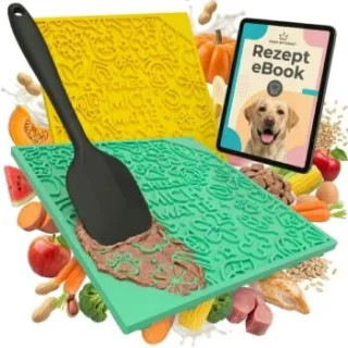 HUND IST KÖNIG Leckmatte Hund mit Saugnäpfen [2 Stk] - 22x22 cm inkl. Spatel + Rezepte-Ebook