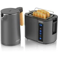 Arendo Frühstücks-Set Edelstahl Wasserkocher 1,5l, 2-Scheiben Kurzschlitz Toaster, Cool Grey (2-tlg), Wasserkocher mit Temperatureinstellung, Toaster Brötchenaufsatz, Touch
