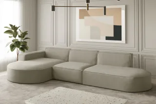 OUTLET Ecksofa Designersofa PALMA in Stoff Opera Velvet Pearl Ottomane Links