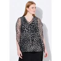 Ulla Popken Spitzenbluse Mesh-Bluse Cape-Stil V-Ausschnitt Halbarm